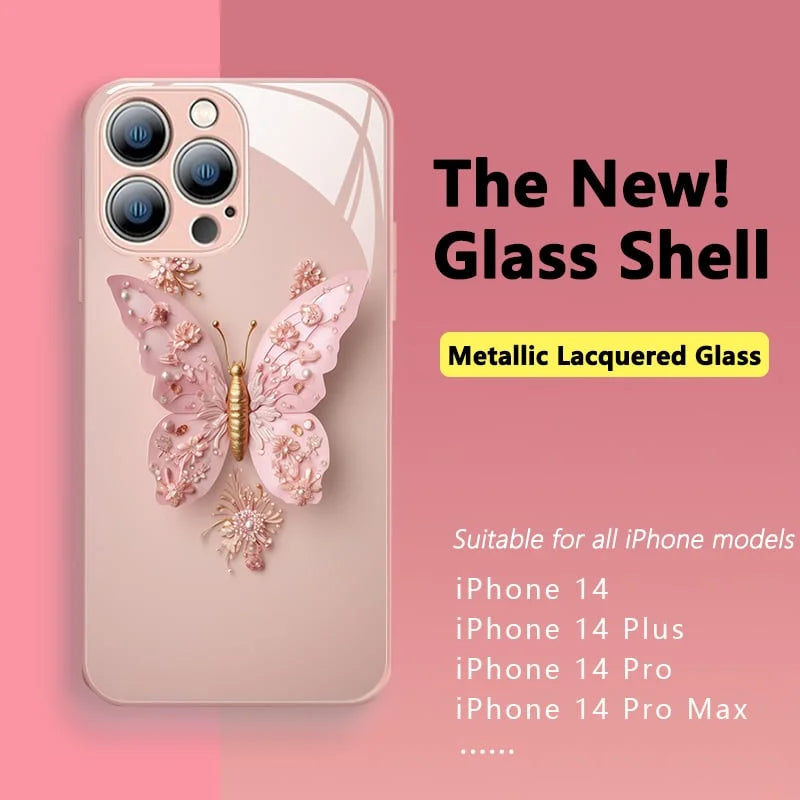 Flat 3D Butterfly Pattern Glass Cover Compatible with iPhone ( Full Iphone X to Iphone 14 Promax)