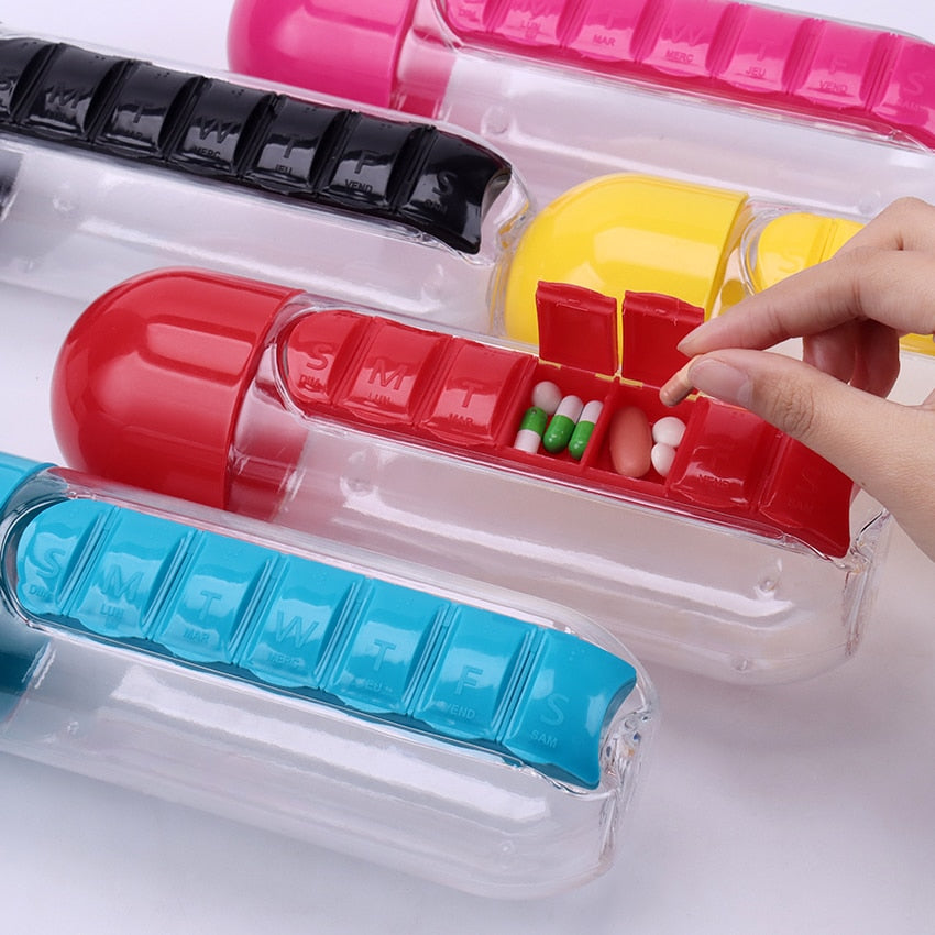 1PC 600ml Sports Plastic Water Bottle Combine Daily Pill Boxes Capsule Water Cup Medicine Organizer Drinking Bottles
