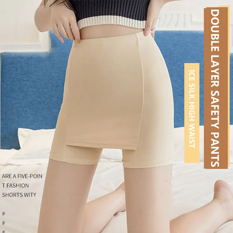 Double-layer Front CrotchIce Silk Safety Shorts