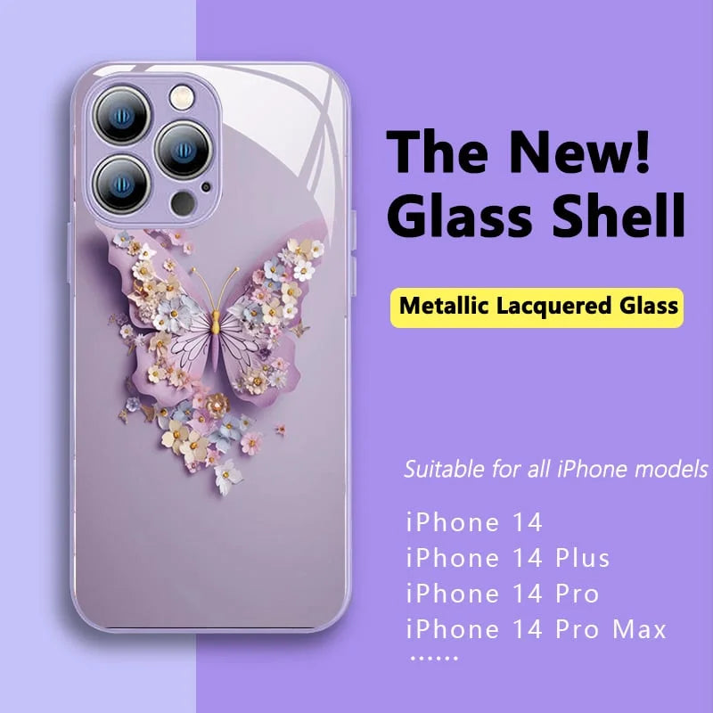 Flat 3D Butterfly Pattern Glass Cover Compatible with iPhone ( Full Iphone X to Iphone 14 Promax)